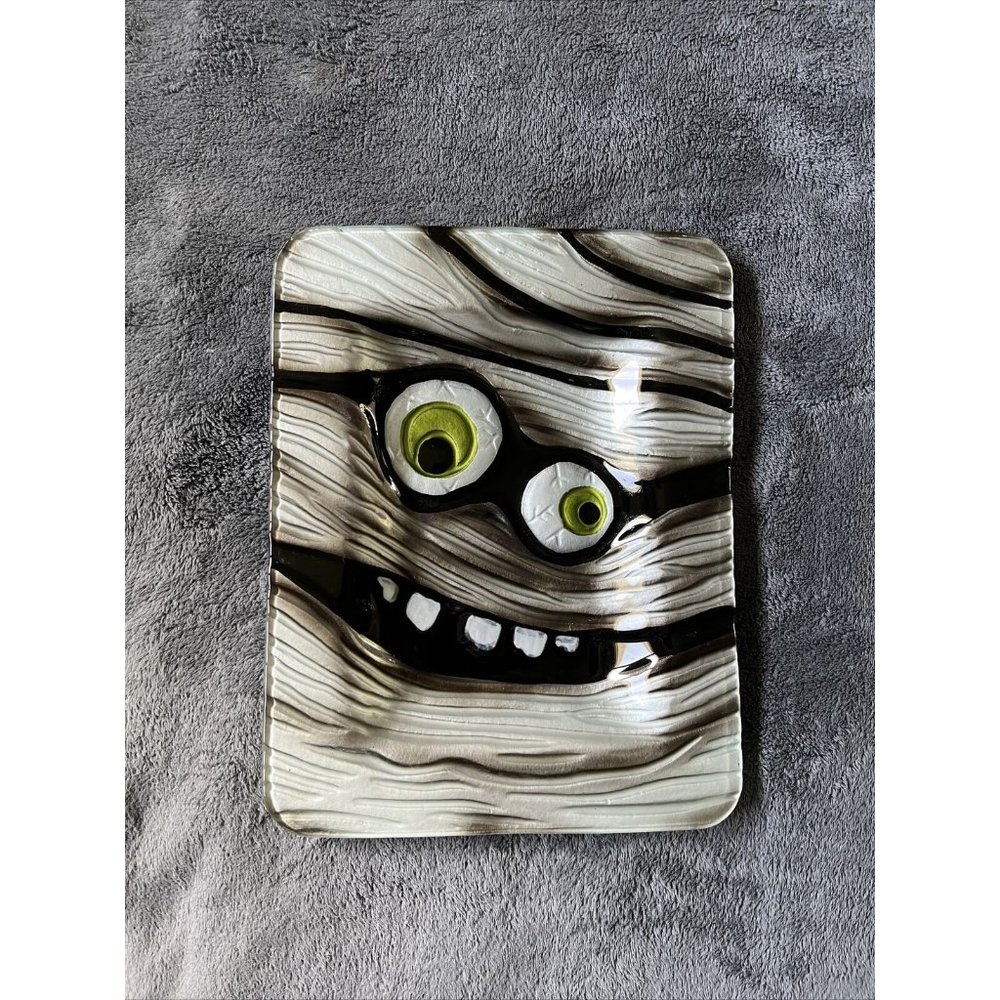 American Greetings Halloween Mummy Ceramic Candy Dish Plate 12”x9” Silver Black